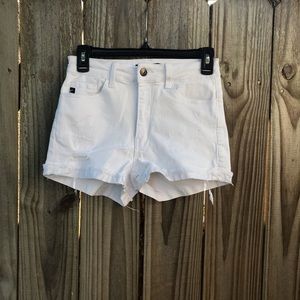 White distressed stretch denim shorts